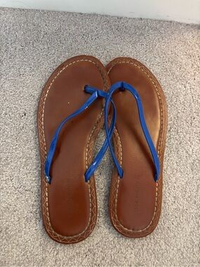 Vineyard Vines Blue Strap Brown Leather Flip Flops Size 6